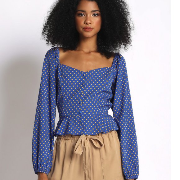 Blue Polka Dot Sweetheart Neck Peplum Long Sleeve Top - Size Large - Picture 1 of 10